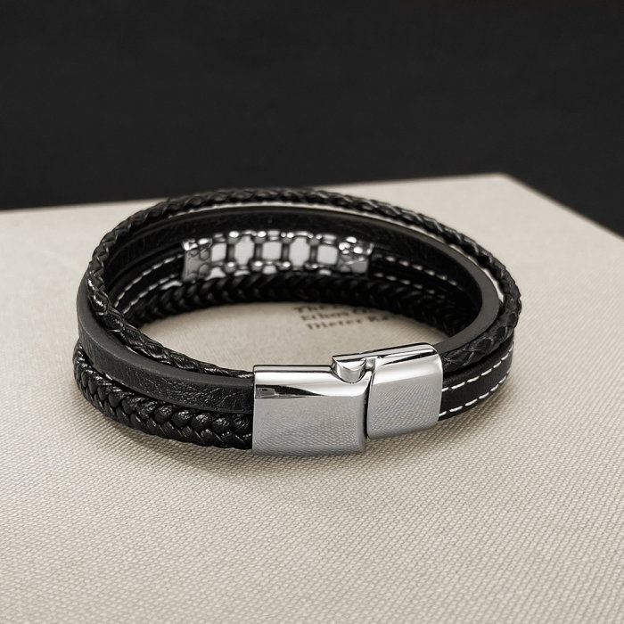 Bratara piele neagra cu lant moto din inox – Simbol al libertatii si energiei masculine [8]