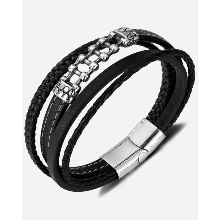 Bratara piele neagra cu lant moto din inox – Simbol al libertatii si energiei masculine [15]