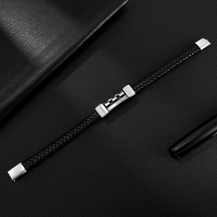 Brățară piele neagră cu lanț și model grecesc din inox – Simbol al puterii și echilibrului [10]