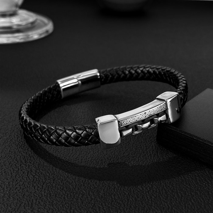 Brățară piele neagră cu lanț și model grecesc din inox – Simbol al puterii și echilibrului [5]