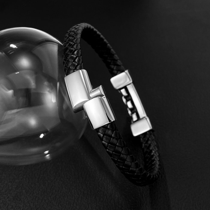 Brățară piele neagră cu lanț și model grecesc din inox – Simbol al puterii și echilibrului [3]