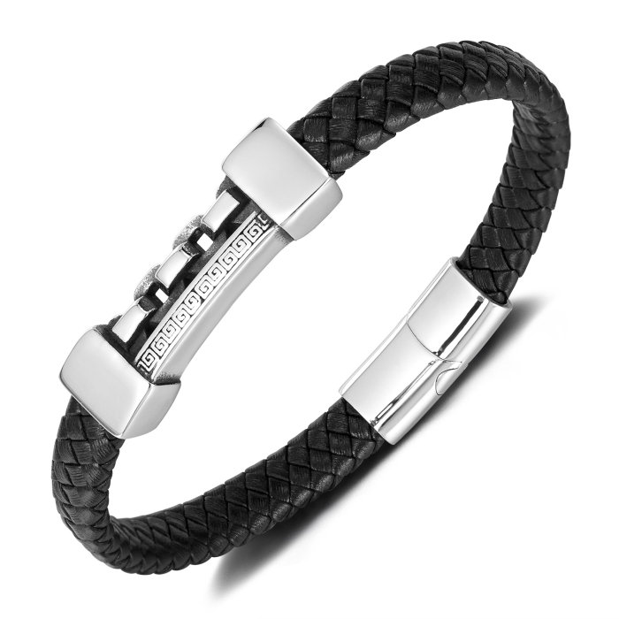 Brățară piele neagră cu lanț și model grecesc din inox – Simbol al puterii și echilibrului [1]