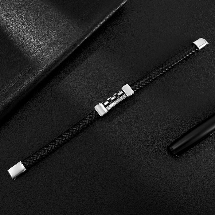 Brățară piele neagră cu lanț și model grecesc din inox – Simbol al puterii și echilibrului [6]