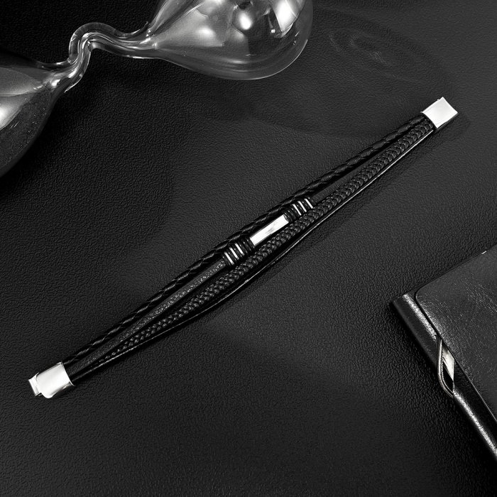 Bratara piele neagra cu multiple fire impletite si detalii inox – Stil urban elegant [7]