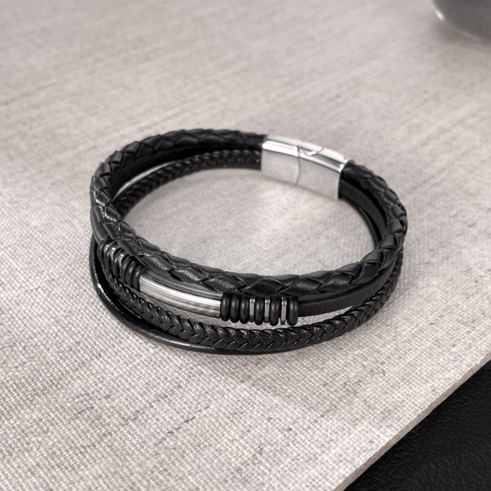 Bratara piele neagra cu multiple fire impletite si detalii inox – Stil urban elegant [5]