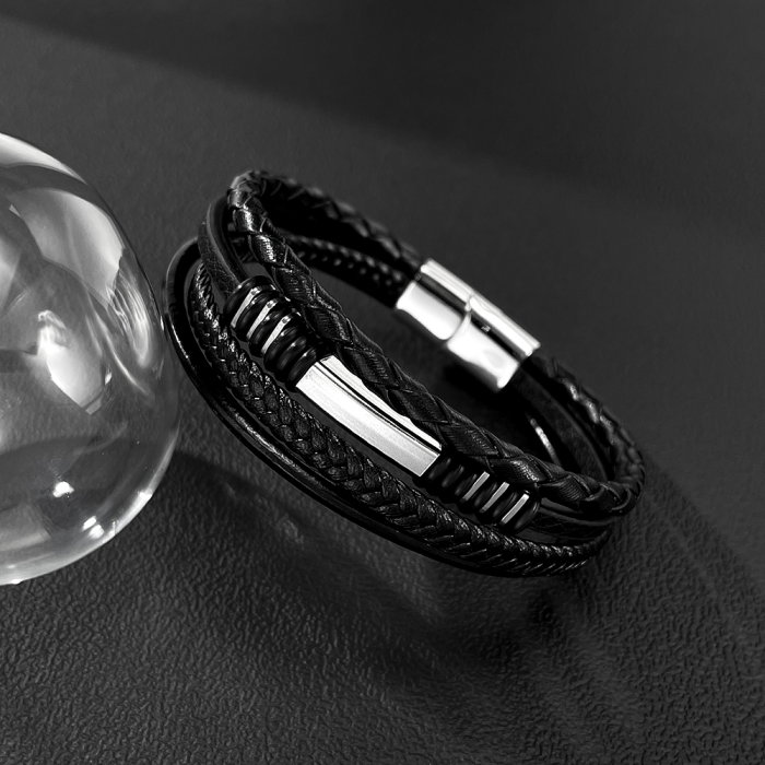 Bratara piele neagra cu multiple fire impletite si detalii inox – Stil urban elegant [3]