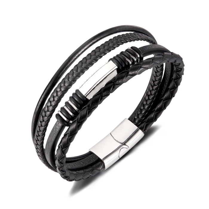 Bratara piele neagra cu multiple fire impletite si detalii inox – Stil urban elegant [1]