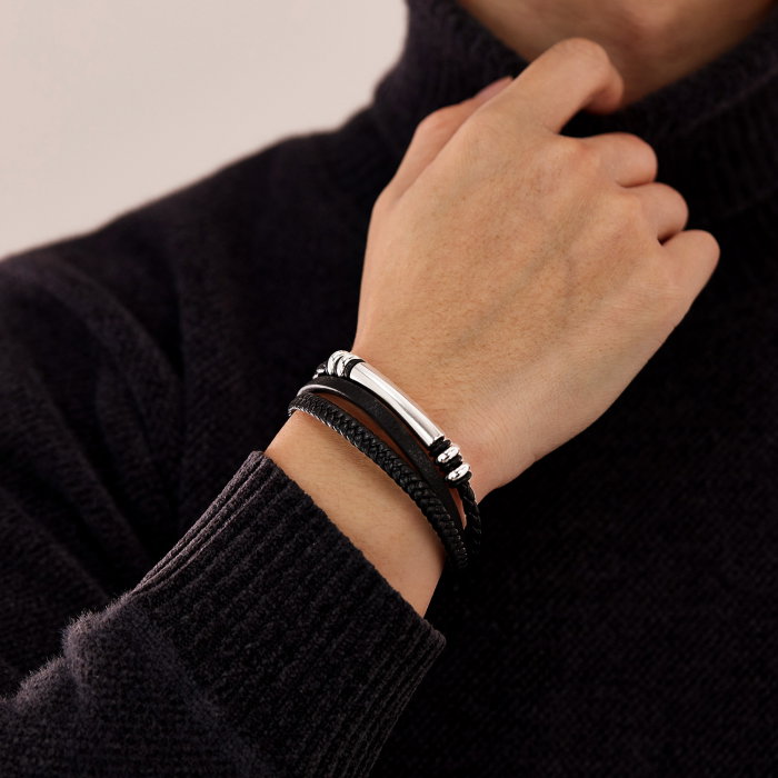 Bratara piele neagra cu placuta inox si detalii metalice – Design rafinat masculin [10]