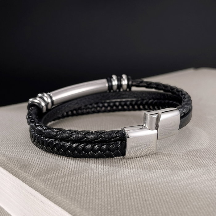 Bratara piele neagra cu placuta inox si detalii metalice – Design rafinat masculin [5]