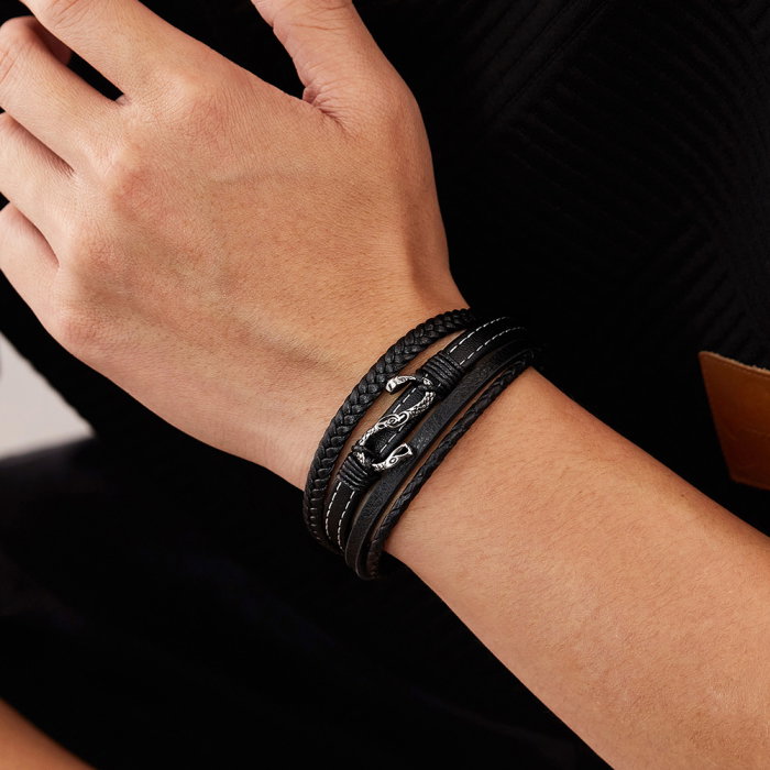 Bratara piele neagra cu sarpe din inox – Simbol al puterii si renasterii [2]