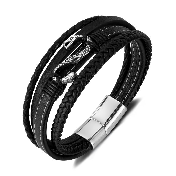 Bratara piele neagra cu sarpe din inox – Simbol al puterii si renasterii [1]