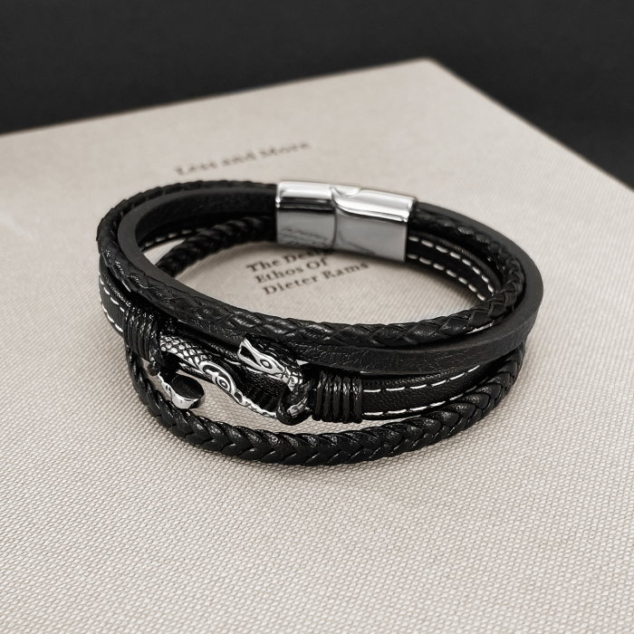 Bratara piele neagra cu sarpe din inox – Simbol al puterii si renasterii [11]