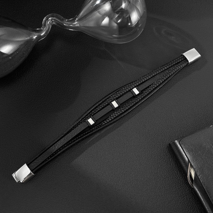 Brățară piele neagră împletită cu multiple fire și detalii din inox [10]