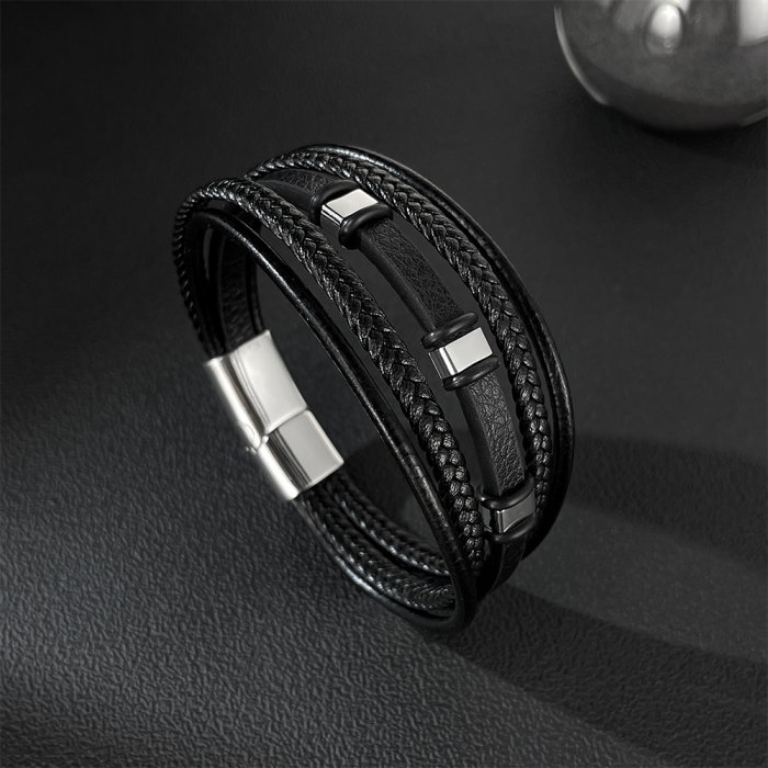 Brățară piele neagră împletită cu multiple fire și detalii din inox [6]