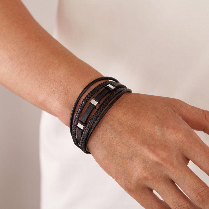 Brățară piele neagră împletită cu multiple fire și detalii din inox [4]