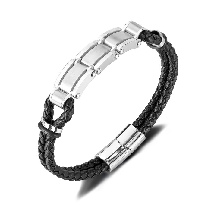 Brățară piele neagră împletită cu segmente metalice din inox – Echilibru între forță și rafinament [1]