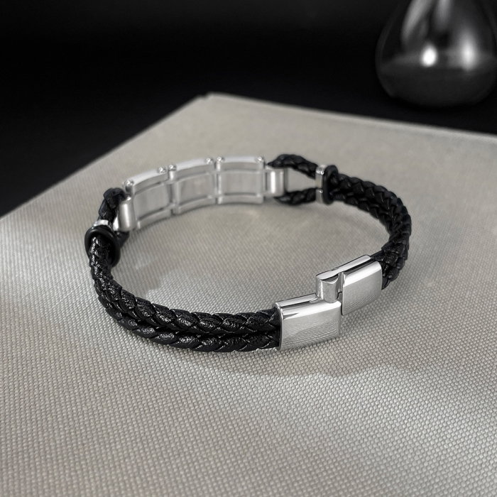 Brățară piele neagră împletită cu segmente metalice din inox – Echilibru între forță și rafinament [5]