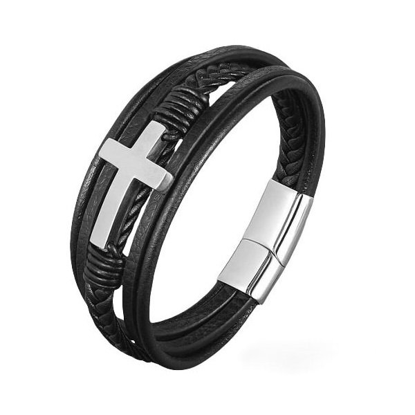 Bratara piele naturala impletita si cruce din inox [8]