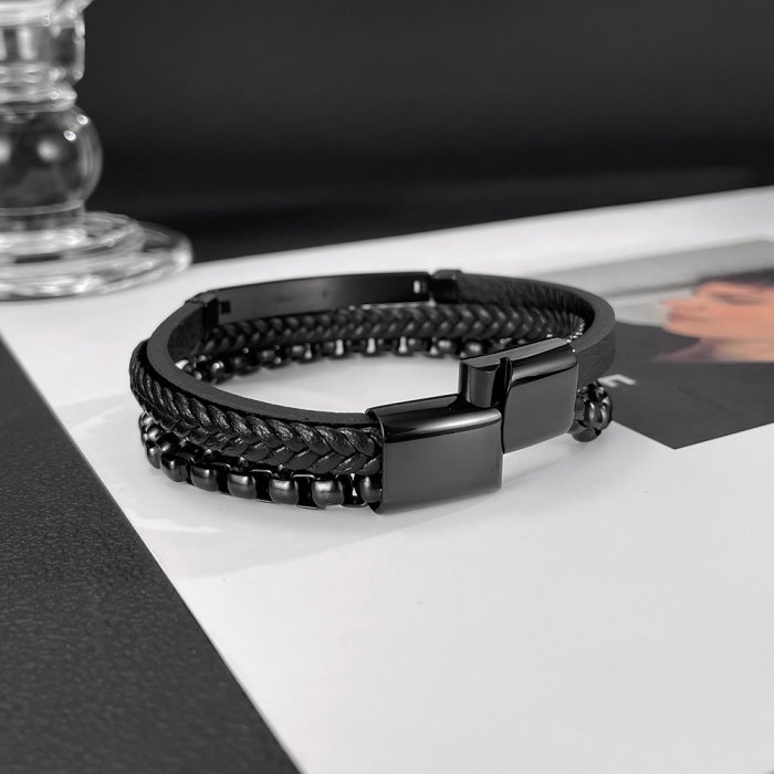 Bratara piele neagra si inox cu lant decorativ – Eleganta masculina moderna [7]