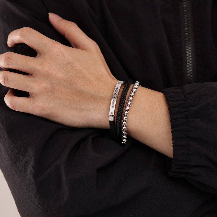 Bratara piele neagra si inox cu lant decorativ – Eleganta masculina moderna [3]