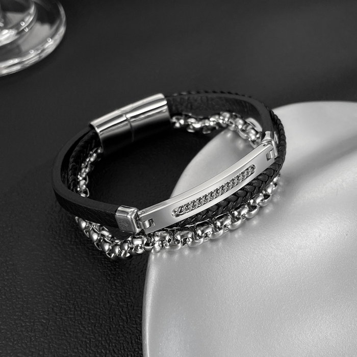 Bratara piele neagra si inox cu lant decorativ – Eleganta masculina moderna [9]