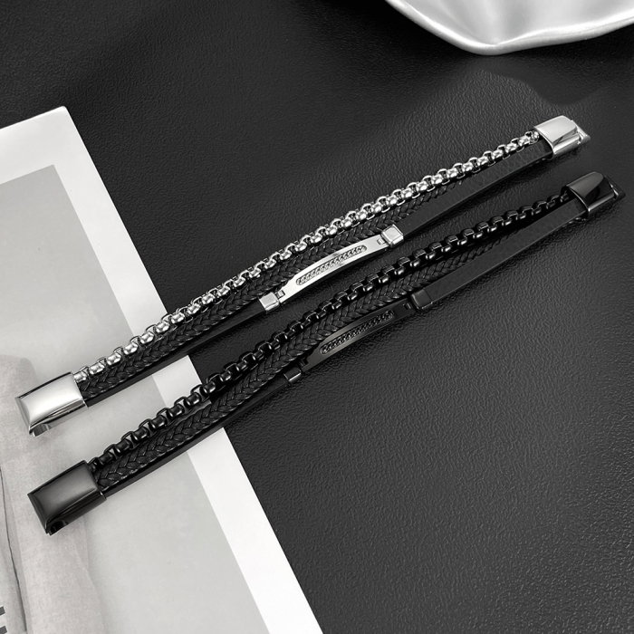 Bratara piele neagra si inox cu lant decorativ – Eleganta masculina moderna [6]