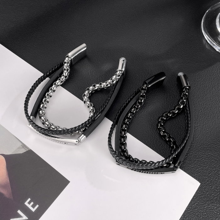 Bratara piele neagra si inox negru cu lant decorativ – Putere si rafinament masculin [6]