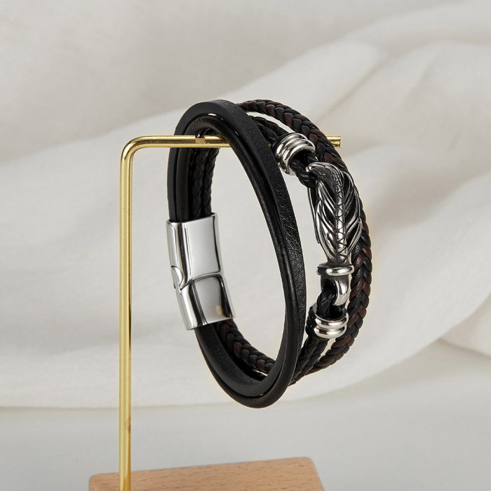 Bratara retro din inox si piele impletita [14]