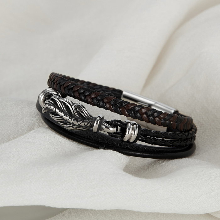 Bratara retro din inox si piele impletita [5]