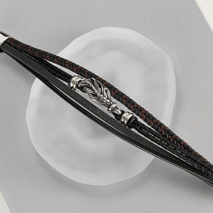 Bratara retro din inox si piele impletita [8]