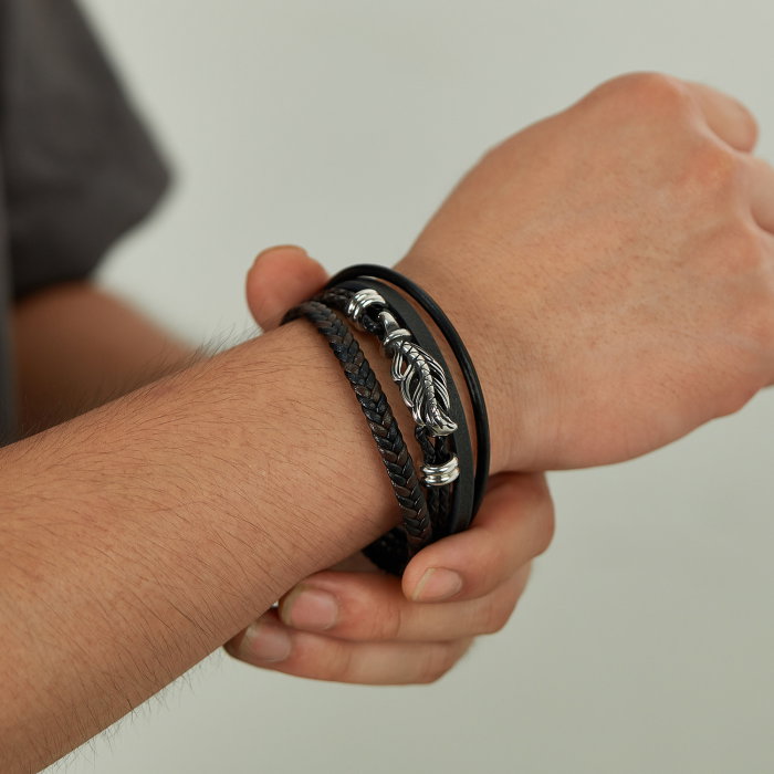 Bratara retro din inox si piele impletita [7]