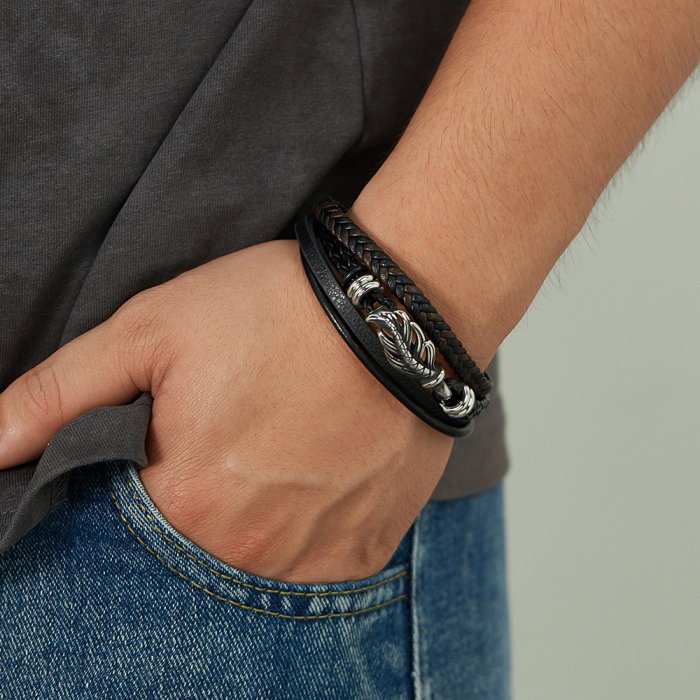 Bratara retro din inox si piele impletita [2]