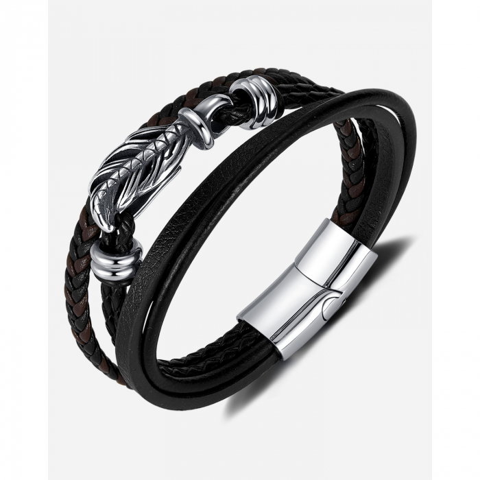 Bratara retro din inox si piele impletita [15]