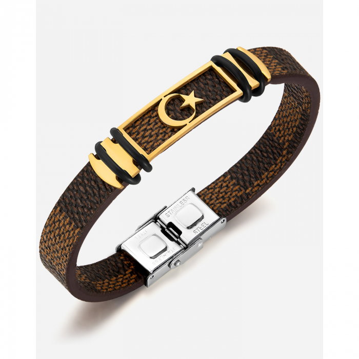 Bratara Steaua si Semiluna cu placuta din inox si piele [7]