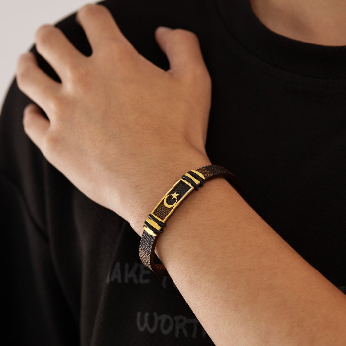 Bratara Steaua si Semiluna cu placuta din inox si piele [8]