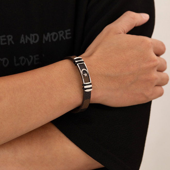 Bratara Steaua si Semiluna cu placuta din inox si piele [2]