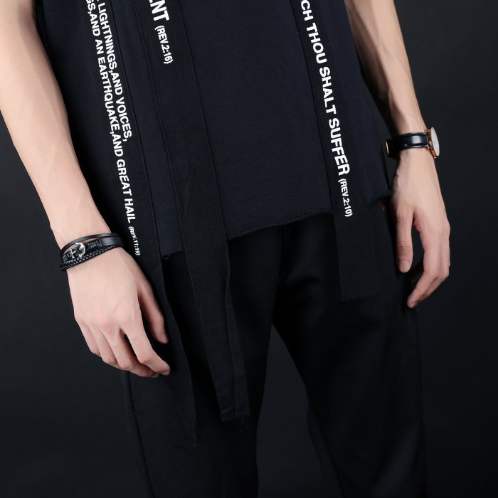 Bratara tripla din inox si piele neagra cu ancora [2]