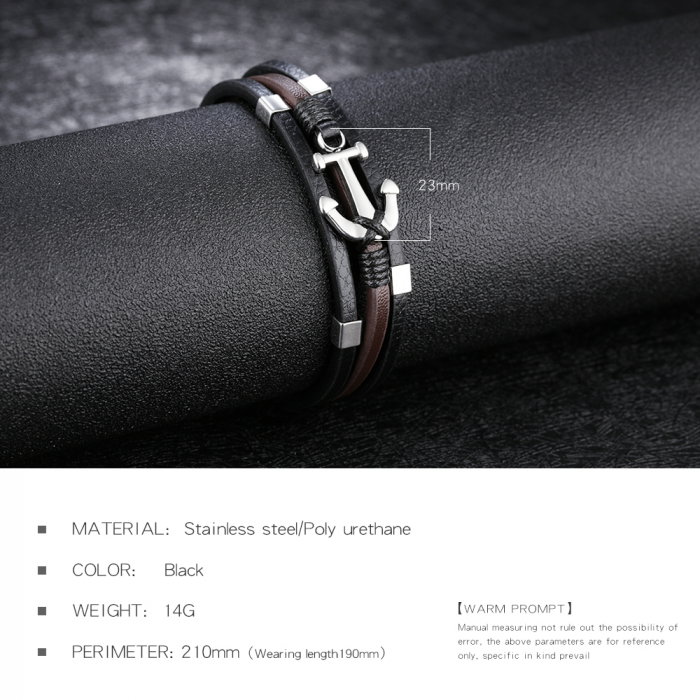 Bratara tripla din inox si piele neagra cu ancora [13]