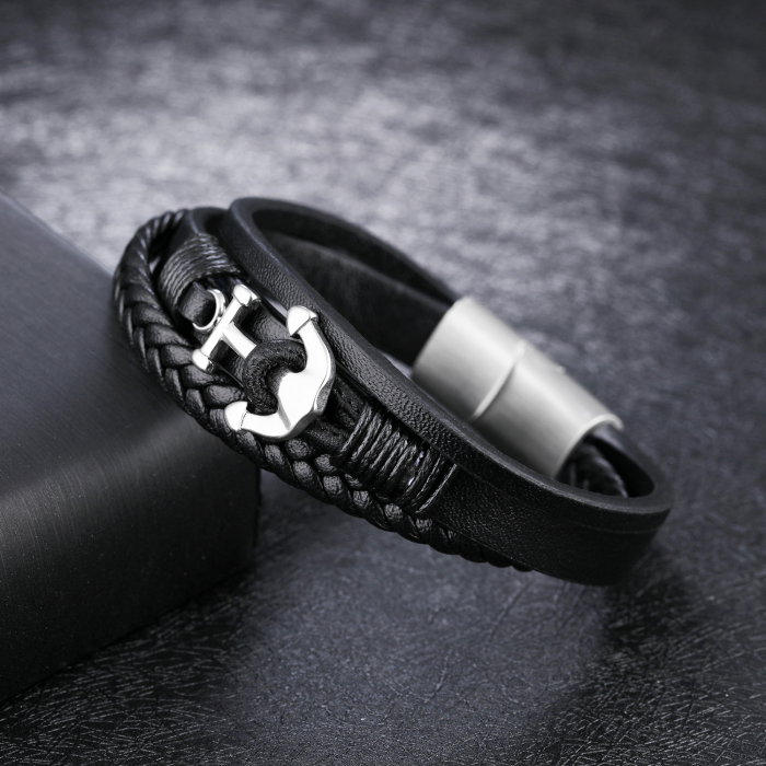 Bratara tripla din inox si piele neagra cu ancora [5]