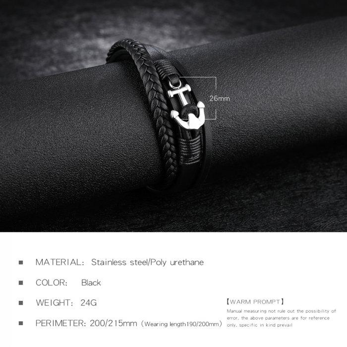 Bratara tripla din inox si piele neagra cu ancora [8]