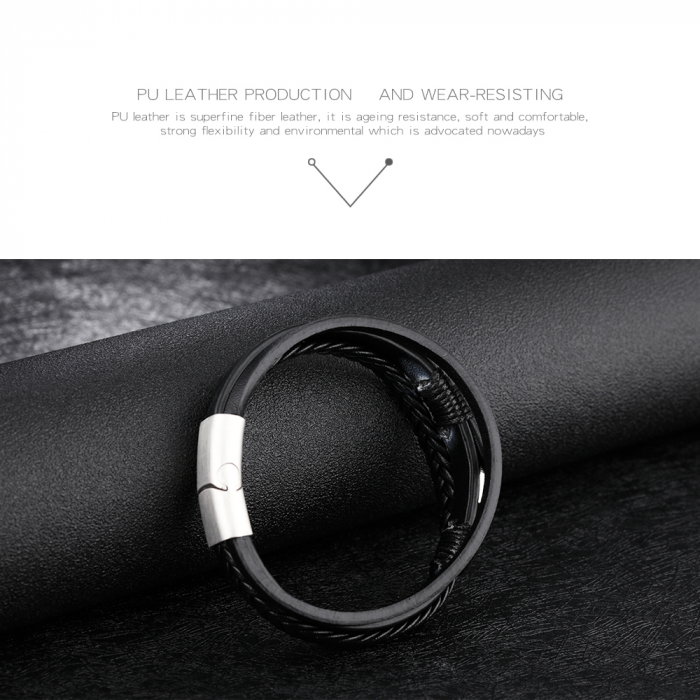 Bratara tripla din inox si piele neagra cu ancora [10]