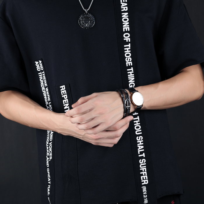 Bratara tripla din inox si piele neagra cu ancora [2]