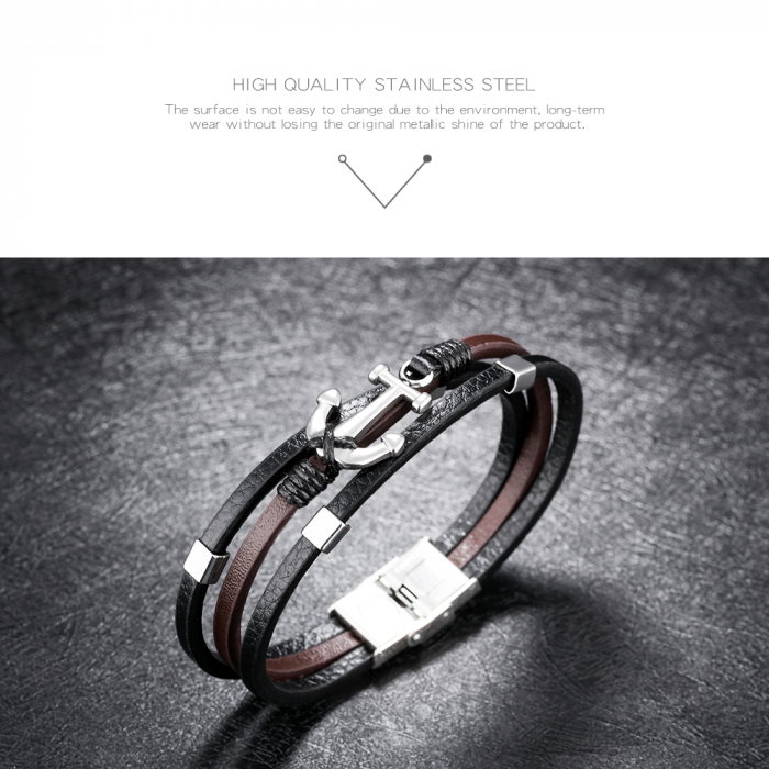 Bratara tripla din inox si piele neagra cu ancora [8]