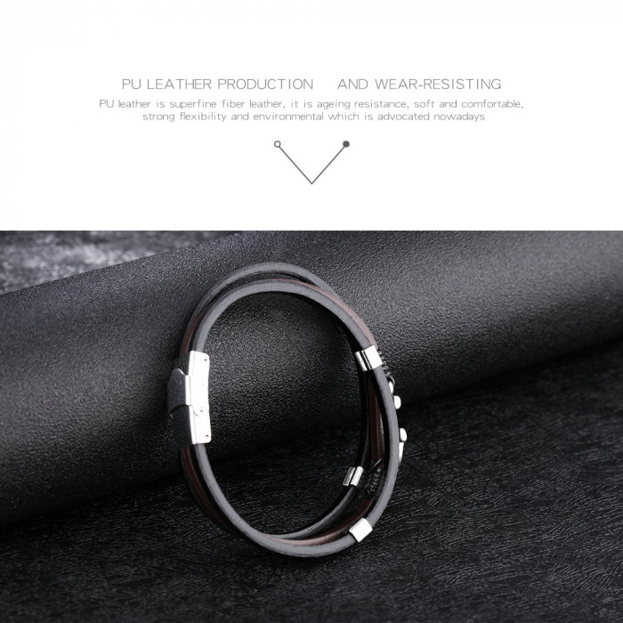 Bratara tripla din inox si piele neagra cu ancora [12]