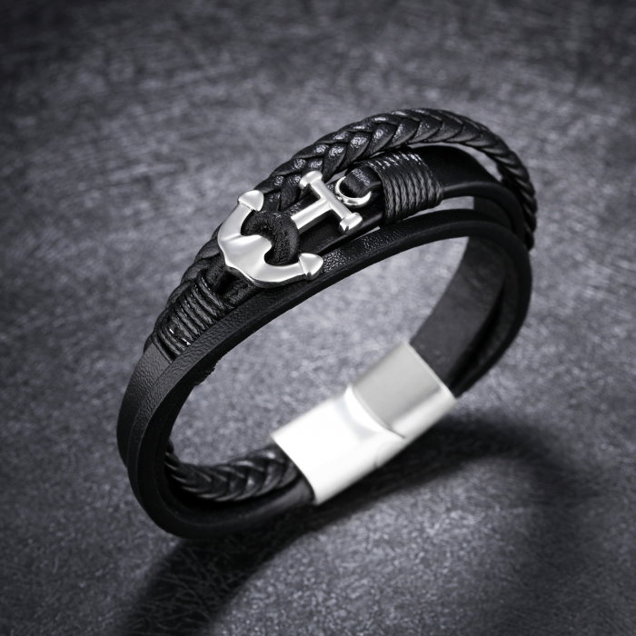 Bratara tripla din inox si piele neagra cu ancora [3]