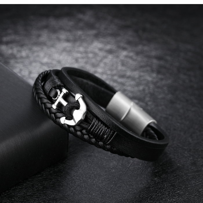 Bratara tripla din inox si piele neagra cu ancora [7]