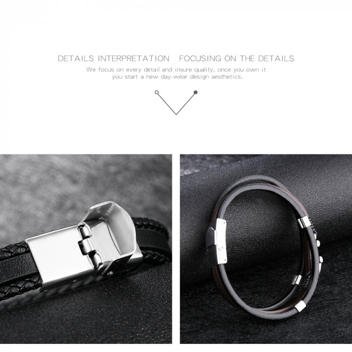 Bratara tripla din inox si piele neagra cu ancora [11]