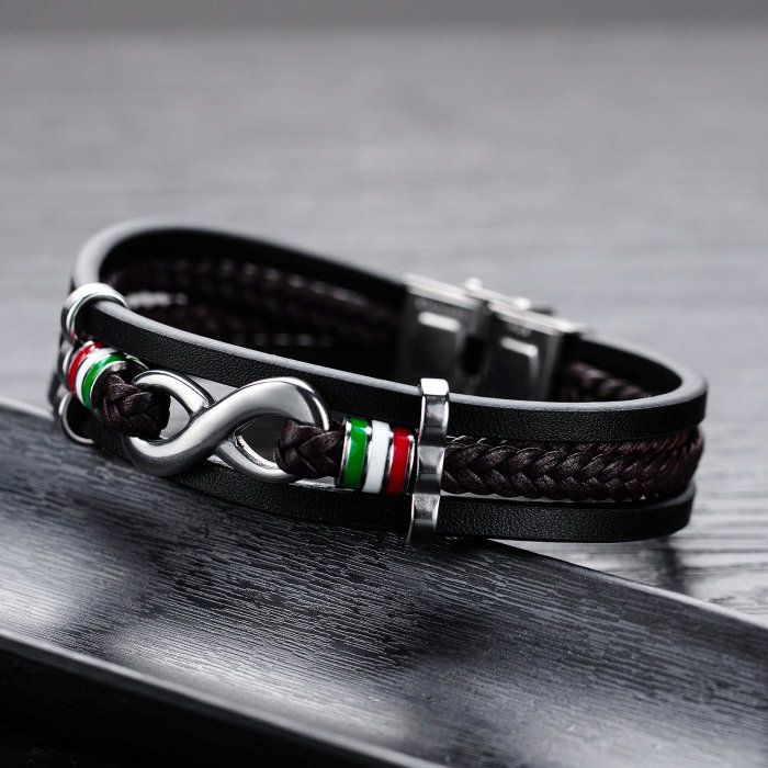 Bratara tripla din piele si inox cu cruce si drapelul Italiei [5]