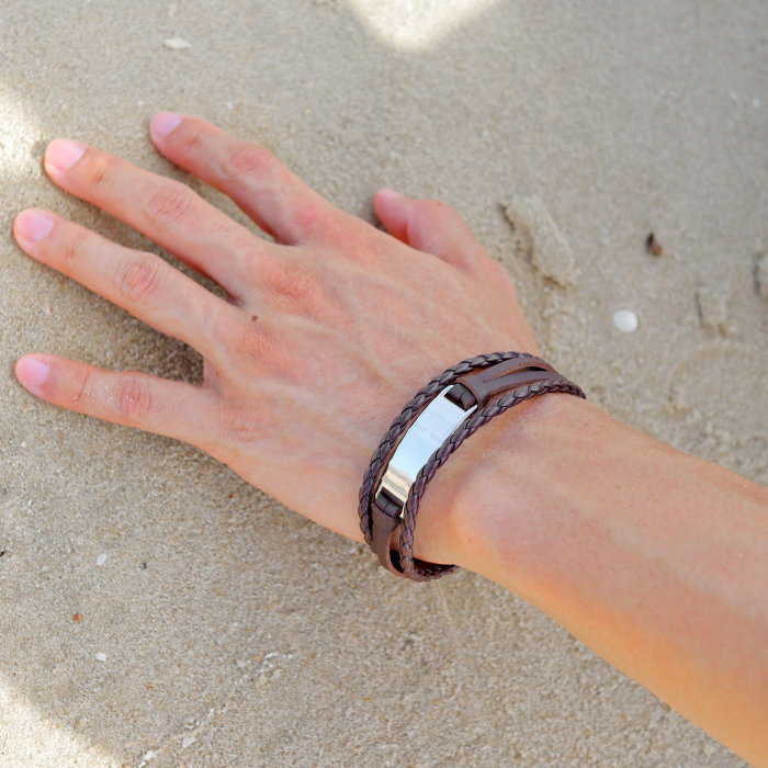 Bratara tripla din piele si aliaj cu placuta argintie [5]