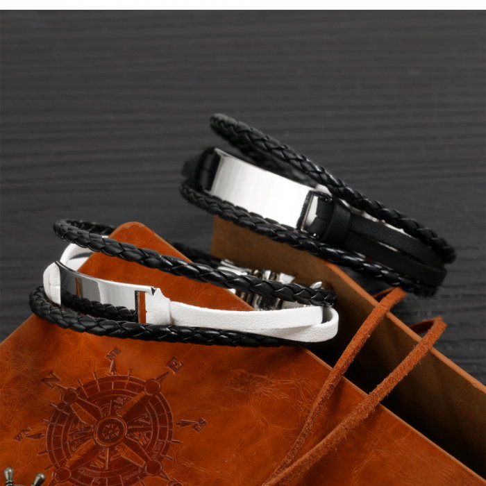 Bratara tripla din piele si aliaj cu placuta argintie [11]